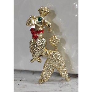 Vintage Christmas Brooch Poodle Rhinestone Pin Green Eye Red Bow Goldtone Unsign